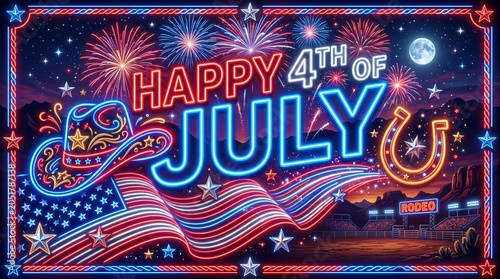 Happy 4th Of July Rodeo Neon Banner With Horseshoe
