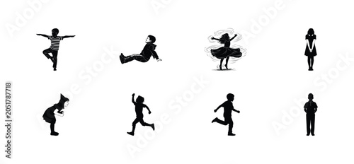 Silhouettes of children in various poses and activities are displayed in a grid against a white background.