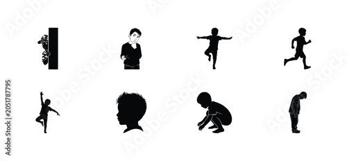 Collection of eight black silhouettes of children engaged in various activities like climbing, dancing, running, and playing.