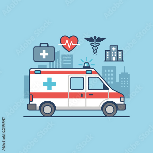 An emergency vehicle drives through a busy city urban landscape