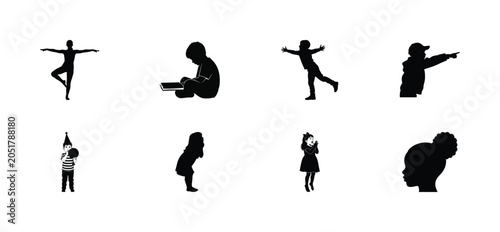 A collection of diverse black silhouettes of children engaged in various activities against a white background.