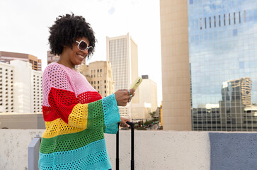 Black  Fashion happy Portrait cell smile backlit city background
