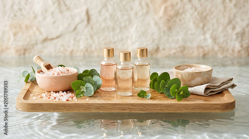 Wooden tray with essential oils and eucalyptus leaves for natura