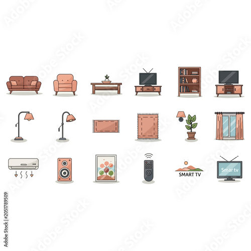 Living Room Furniture and Electronics Icon Set