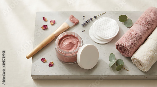 Skincare cream and cotton pad set on a natural stone surface