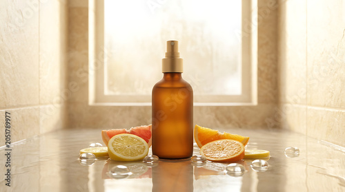 Amber essential oil bottle with fresh lemon slices, showcasing a