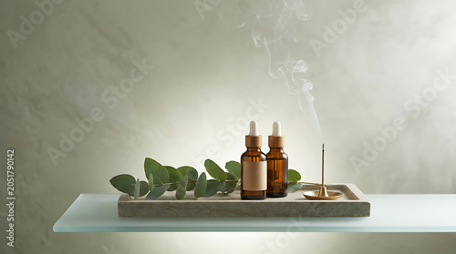 Essential oil diffuser setup with eucalyptus leaves on a stone t