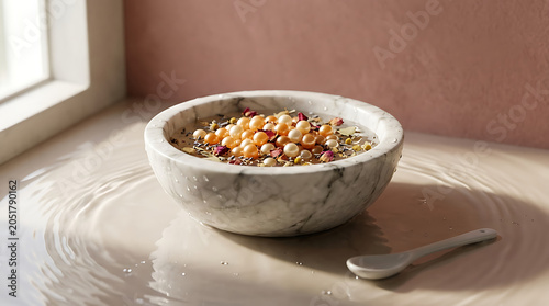 White bowl filled with colorful pearls or decorative spheres on