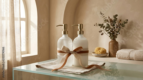 Spa-like bathroom scene with white soap bottles and natural acce