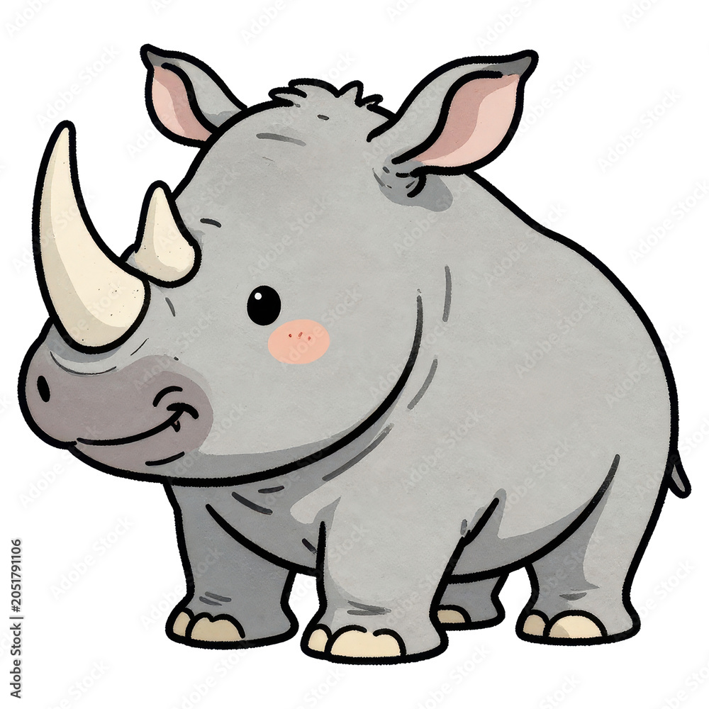 Fototapeta premium Cute Rhino Illustration: A charming, cartoon-style rhinoceros with a friendly smile and large horn is depicted in a cheerful illustration, perfect for children's books or educational material.