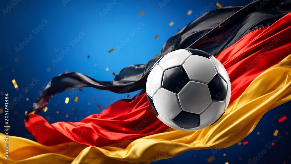 Naklejka premium A soccer ball flies through the air with the German flag waving behind it.