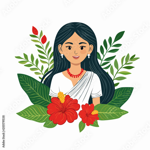 Young Woman in Traditional Attire with Hibiscus Flowers and Tropical Leaves