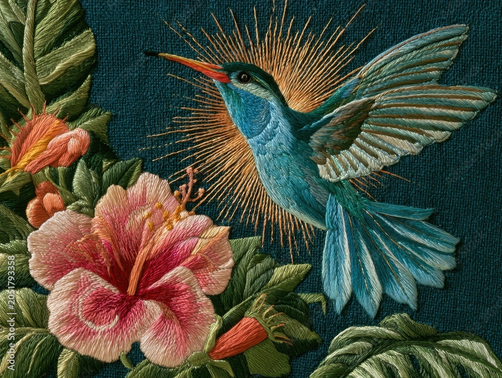 Fototapeta premium Vibrant Embroidery: Hummingbird with Flowers on Dark Teal Fabric Texture