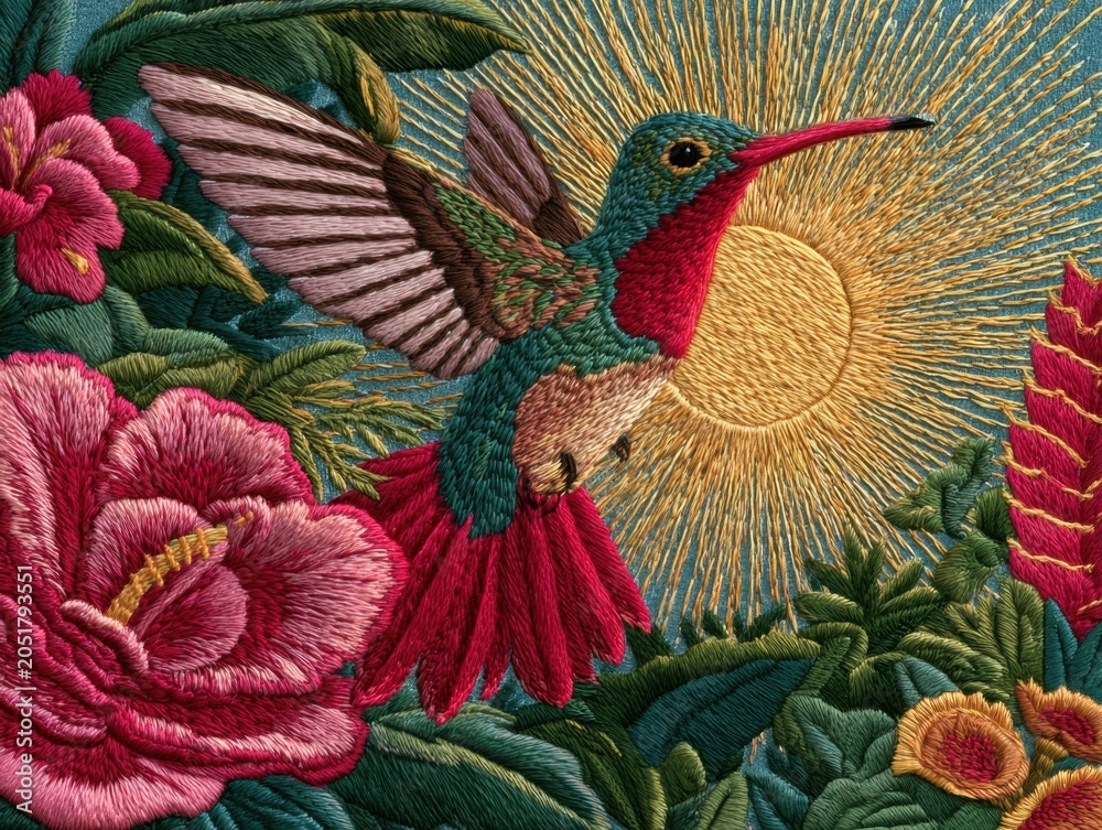 Fototapeta premium Hummingbird with Vibrant Flowers and Sun Ray Embroidery Art Design
