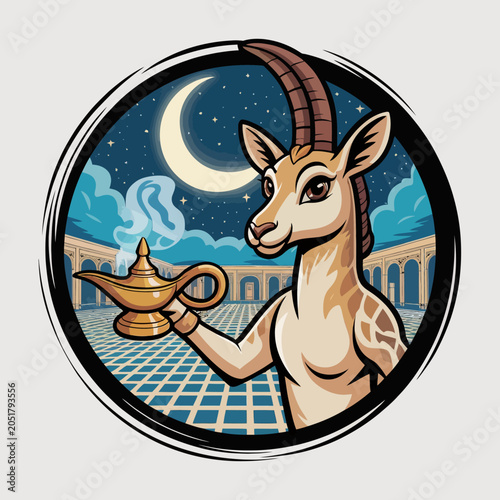 Quadro su tela Whimsical goat holding a magic lamp.