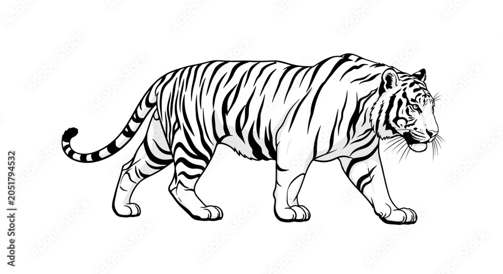 Fototapeta premium Minimalist black and white walking tiger illustration on white background