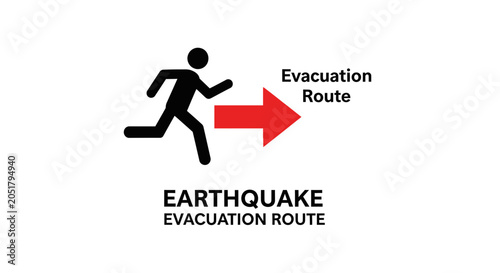 Foto Earthquake Evacuation Route Sign: Running Figure and Red Arrow