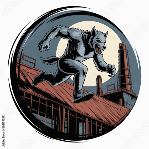 Illustration of a werewolf running on rooftops.