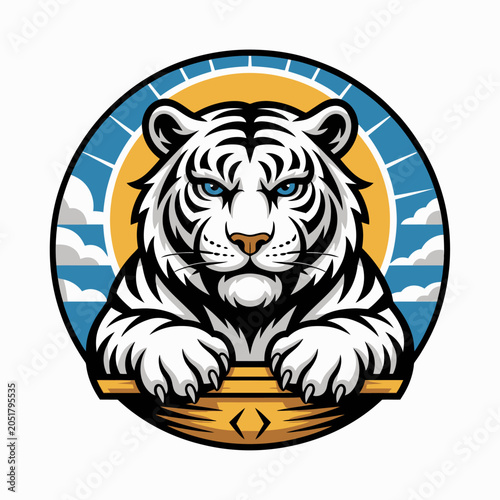 Illustration of a white tiger resting on a branch.