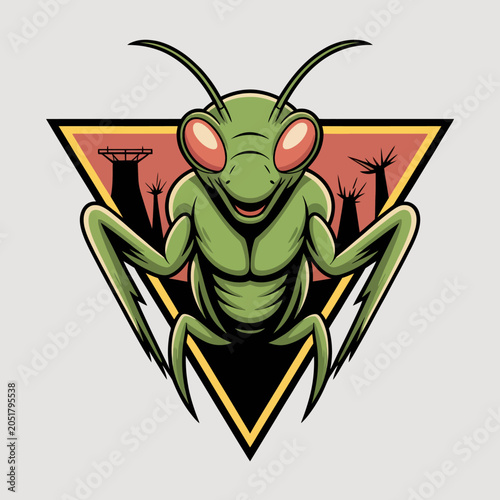 Illustration of futuristic glowing insect emblem.