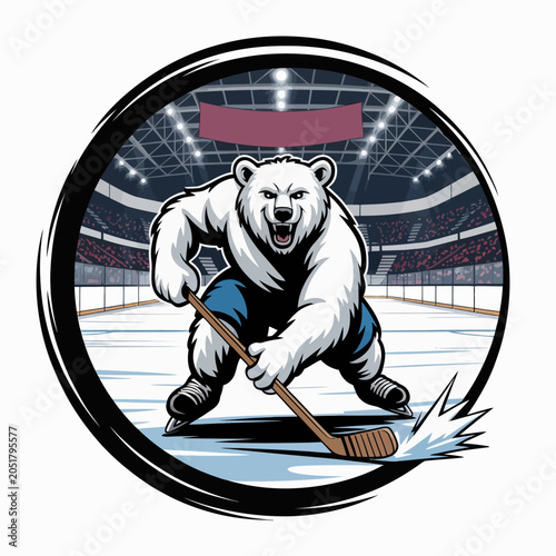 Polar bear playing ice hockey in arena.