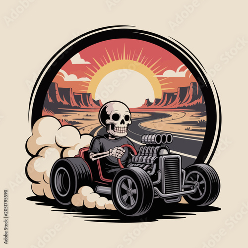 Skeleton driving hot rod in desert sunset.