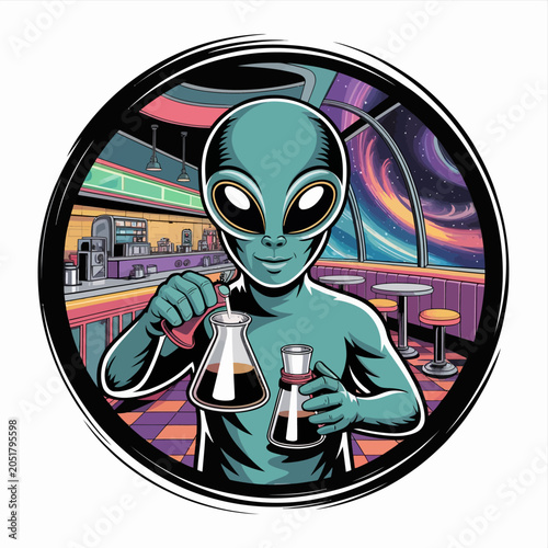 Alien bartender holding two beakers.