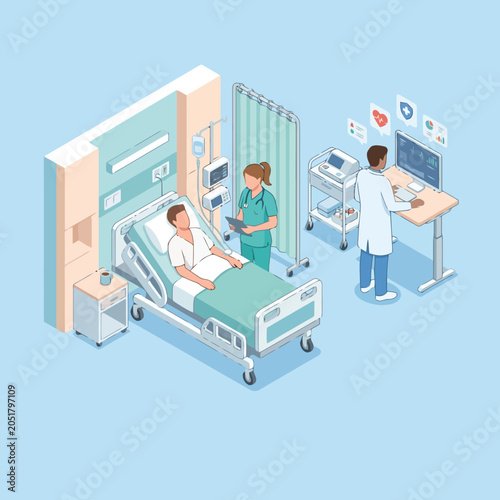 Slika na platnu Medical professionals attend to a patient in a modern hospital room