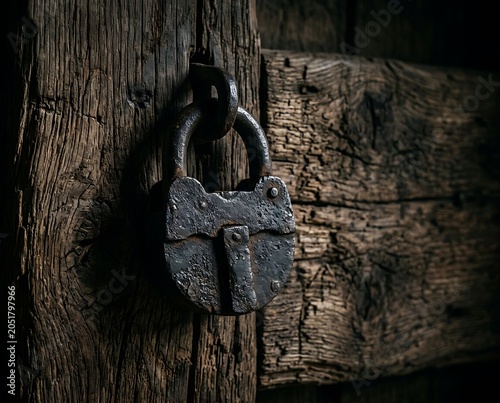 Vintage Rusty Padlock Hanging on a Weathered Wooden Door