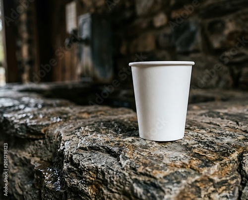White paper cup mockup on a rustic stone ledge outdoors