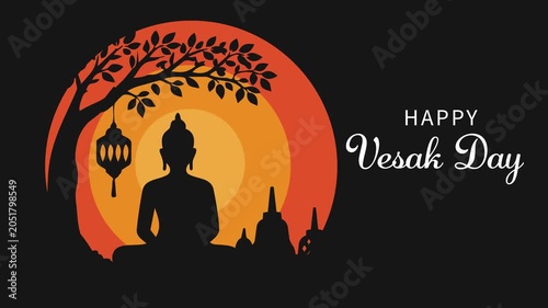 Happy Vesak Day Greeting with Buddha Silhouette Temple and Lanterns Looping Animation
