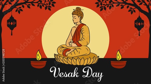 Happy Vesak Day Greeting with Temple and Floating Lantern Festival Looping Animation