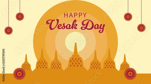 Happy Vesak Day Greeting with Borobudur Temple Silhouette and Floral Ornaments Looping Video