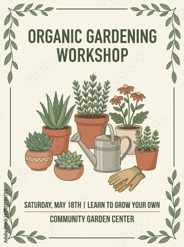 Cuadro en lienzo People attend organic gardening workshop with plants and tools