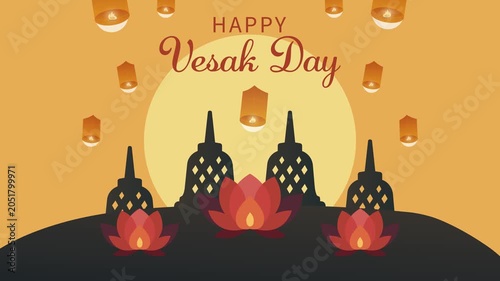 Vesak Day Greeting Illustration with Floating Lanterns and Temple Silhouette Looping Animation