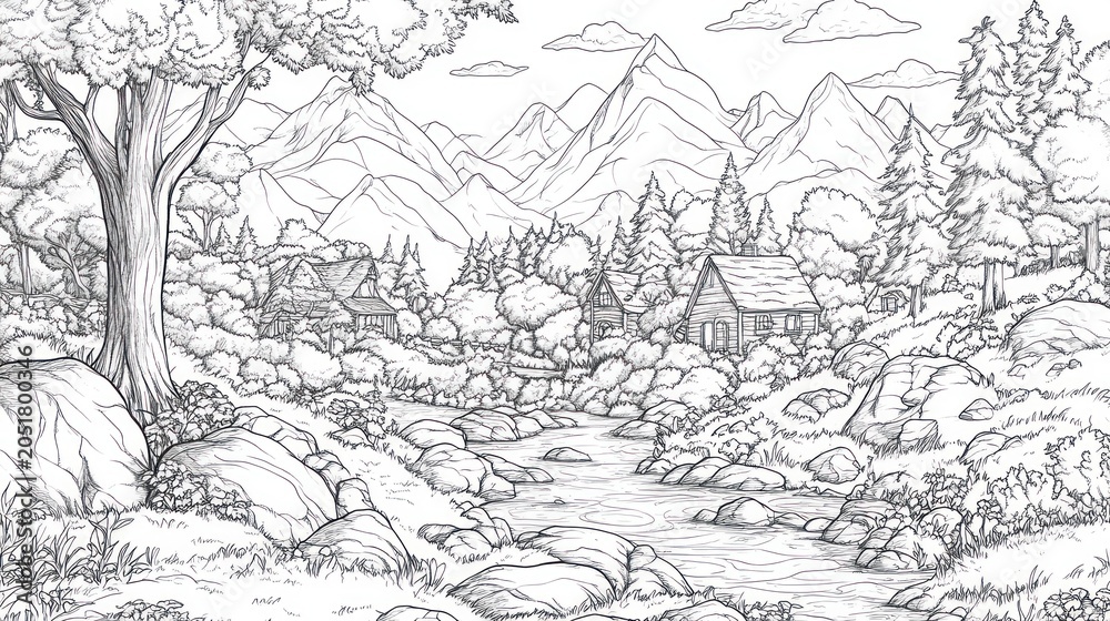 Obraz premium Peaceful mountain village landscape drawing
