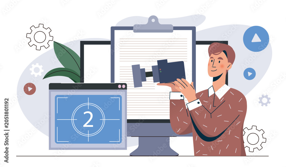 Fototapeta premium Videographer at desk. Vector illustration