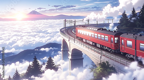 Fantasy mountain railway crossing a stone bridge above the clouds at sunset,夕焼けの雲海を越える幻想的な山岳鉄道と石造りの橋
