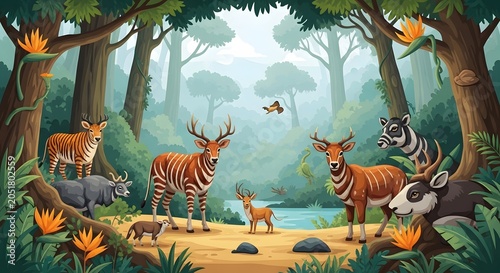Beautiful digital painting of wild jungle animals forest landscape vector