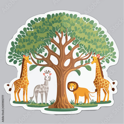 Flat design illustration of African animals under a tree