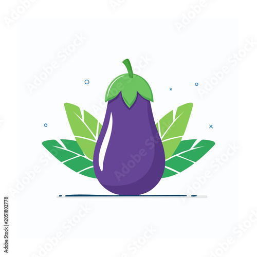 Flat design illustration of a purple eggplant with green leaves
