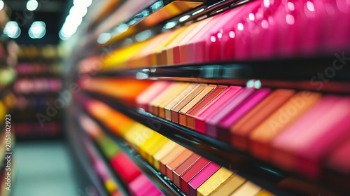Rows of professional makeup lipstick tubes arranged in a retail store display with lipstick cosmetics collection shopping merchandise aesthetic