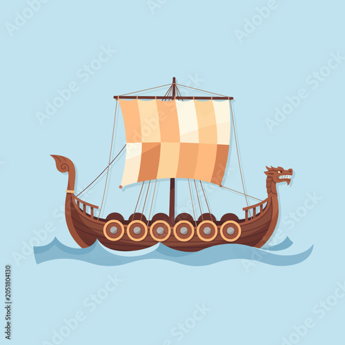 Cuadro en lienzo A wooden ship with a striped sail floats on blue water