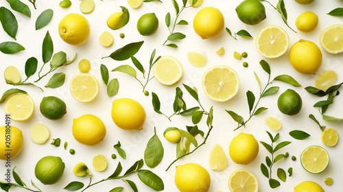 Fresh citrus pattern with whole lemons and limes arranged on a white background vegetarian ingredient refreshing tropical colorful