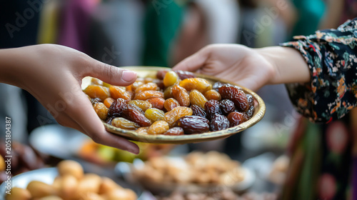 Woman hands offering plate of dried dates to someone with dried fruit middle eastern offering hospitality tradition receiving celebration