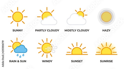 Weather Icons Set with Sun Clouds Rain and Wind.
