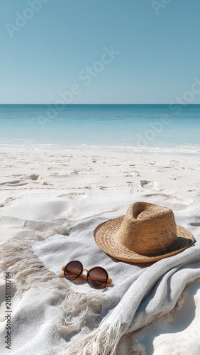 Tropical beautiful beach with white sand, foot steps, neutral blanket with straw hat, sunglasses. Relaxing atmosphere. Summer travel or vacation concept. Minimalistic background.