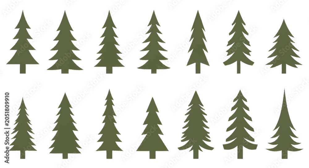 Obraz premium Collection of various green evergreen pine trees in different shapes and sizes.