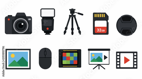 Cuadro en lienzo Assorted photography and videography equipment icons.