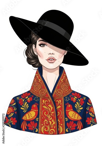Woman in black hat and traditional russian style clothes with floral ornament. Illustration of fashion female portrait. Ethnic pattern design and decorative folk art painting style.